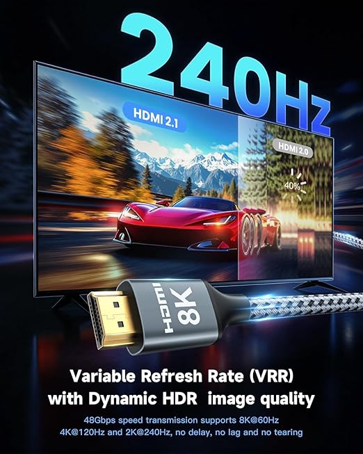 ARISKEEN 8K HDMI Cable 17 FT, 48Gbps High Speed HDMI 2.1 Cable, 8K 60Hz, 4K 120Hz 144Hz Braided HDMI Cord - 17 Feet