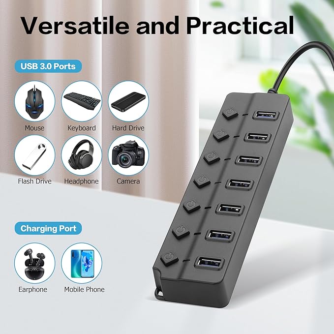 90 Degree USB Hub Splitter YACSEJAO USB 2.0 Data Hub with Individual LED Button On/Off Switch DC5.5 * 2.1 Power Port for Laptop,PC Computer (7 Ports, 0.3M)