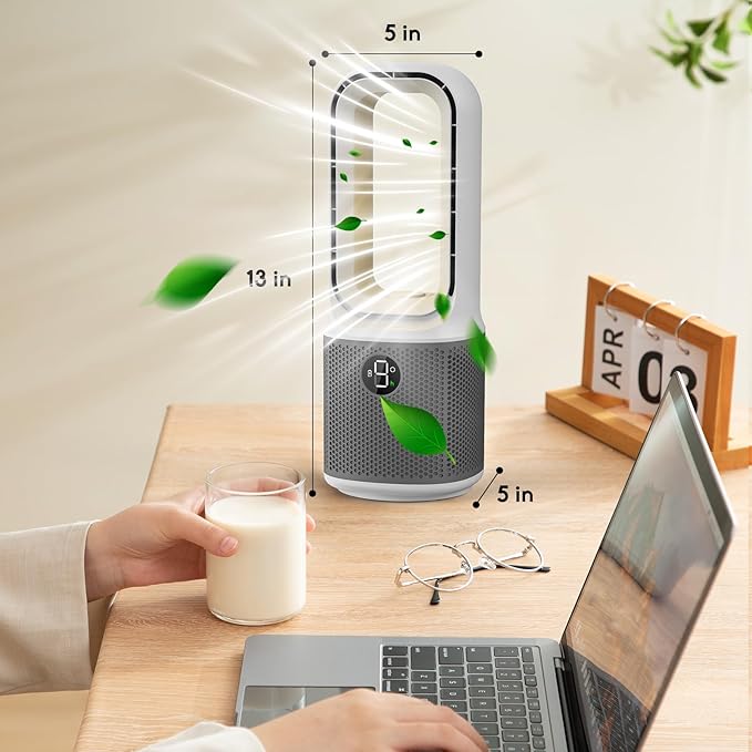 Misby Desk Fans Small Quiet, 13 Inch Bladeless Table Fan, 9 Speeds for Powerful Airflow, 70° Oscillating Fan with Night Light and Timer, Desktop Cooling Fan for Bedroom, Office, Nightstand, Grey