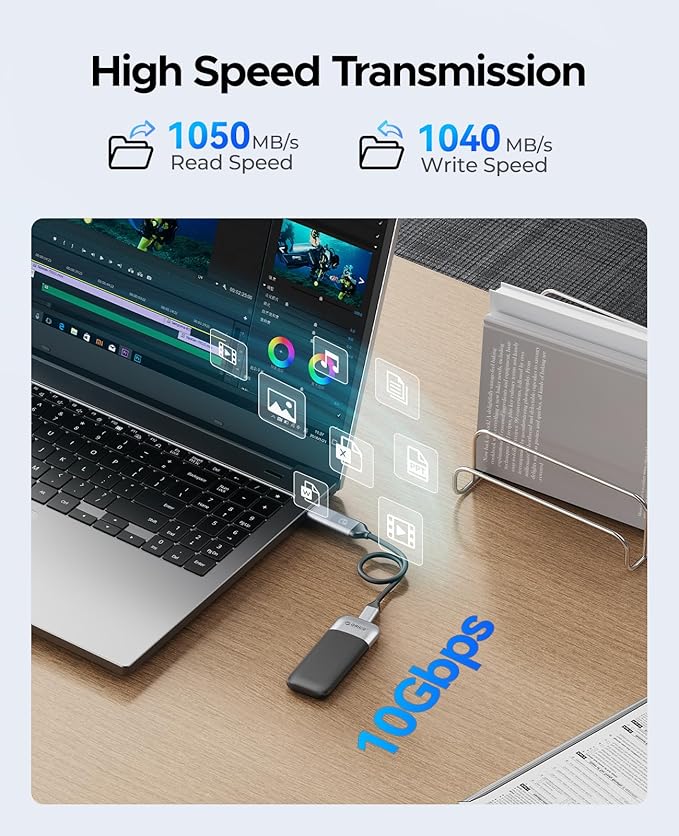 ORICO 256GB Portable SSD, Up to 1050MB/s, Compact with 2 in 1 USB C & A Cable, External Solid State Drives, Reliable Storage for USB C Smartphone, Tablet, PC - M10PRO