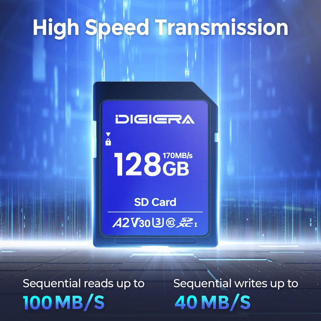 DIGIERA 128GB CS100 SDXC UHS-I Memory Card - up to 100MB/s, C10, U3, V30, 4K UHD, SD Card for Computers, Digital Cameras, Home Theatre Devices, Car Navigation Systems (1 Pack)