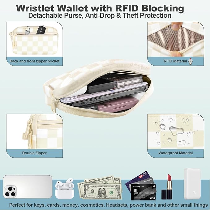 Clip and Go Strap for Phone with Wallet Crossbody, Adjustable Phone Lanyard with Detachable RFID Wristlet Wallet, Phone Strap with Phone Tabs for All Phones, Cream Checkered (L)