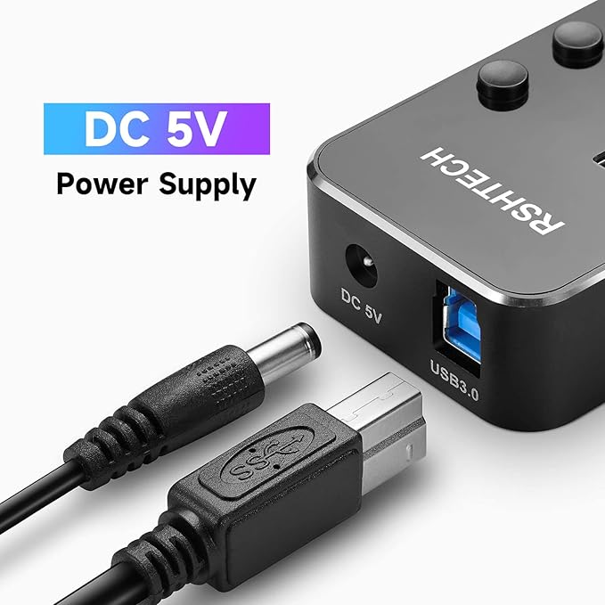 Powered UBS Hub, RSHTECH 7 Port USB 3.0/USB C Hub Upgraded Version Aluminum USB Splitter with 2-in-1 USB Cable,5V 3A Power Adapter and Individual Switches, USB Port Expander for Laptop/PC, RSH-ST07