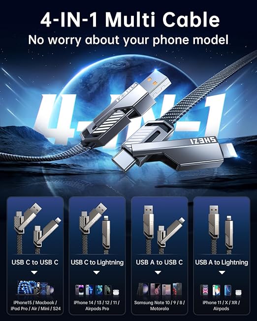 4-in-1 USB C Cable 45W 3FT Lightning Cable Fast Charging Flat Nylon Braided for iPhone iPad Charger Cord [480Mbps Data Sync] Multi Charge Cable Combo with Lightning/Type C/USB A Port