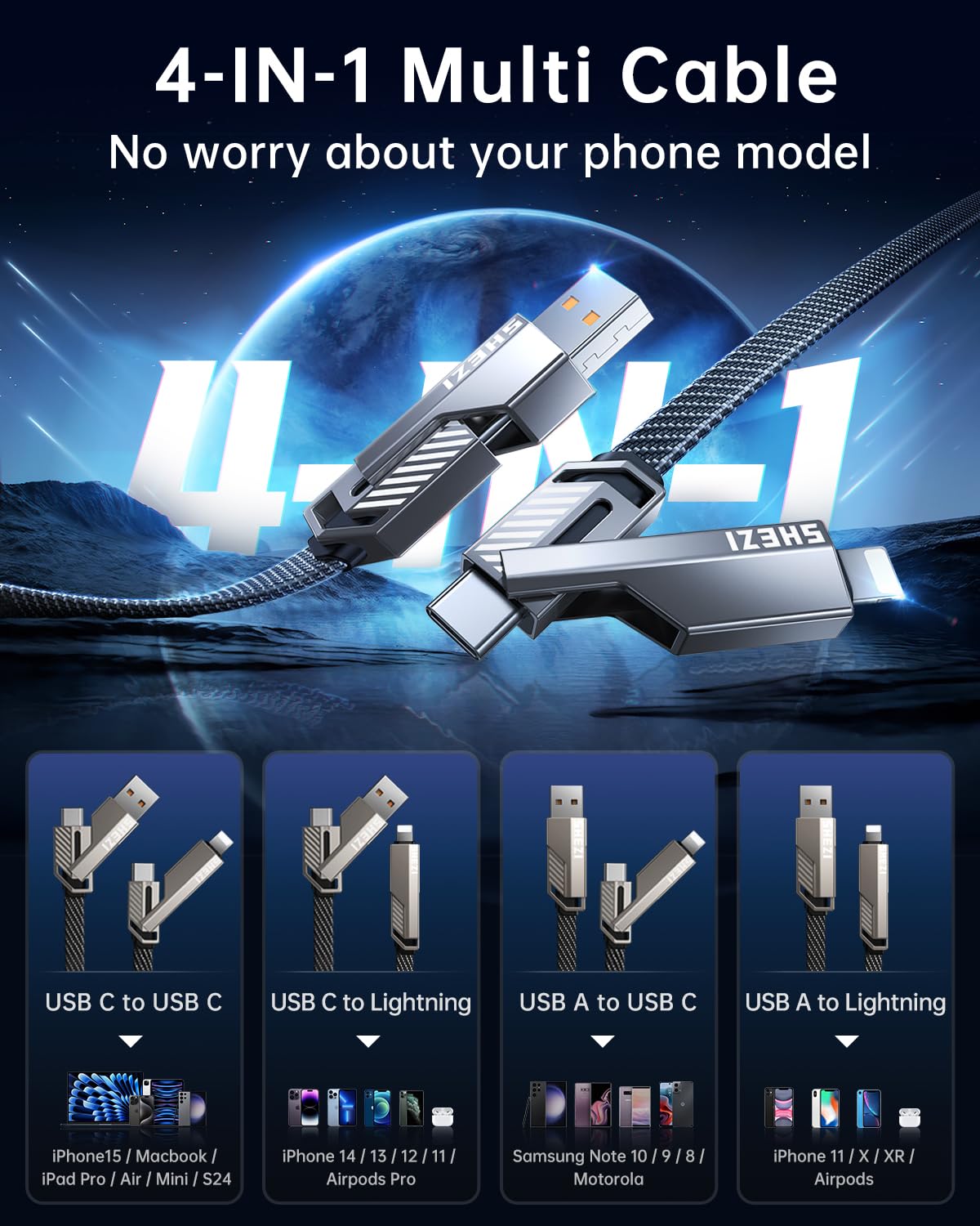 Vexipia 4-in-1 USB C Cable 60W 3FT Compatible with Lightning Cable [Fast Charging & Data Transfer] Flat Nylon Braided for iPhone iPad Charger Cord, Multi Charge Wire Combo with L/Type C/USB A Port