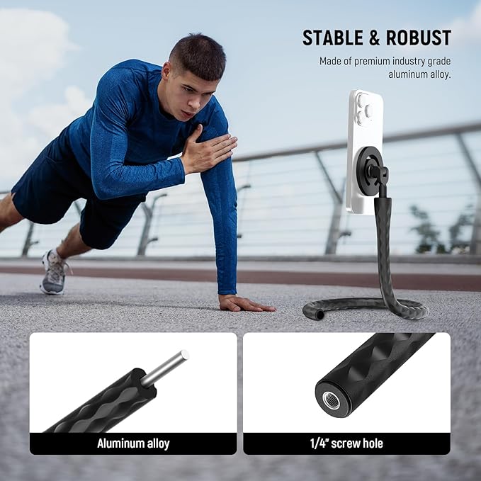 Neewer Magnetic Flexible Phone Holder with 1/4 Screw Adapter, Mini Bendable Tripod Stand Selfie Stick Compatible with MagSafe iPhone Samsung Android Cellphones for Handlebar/Treadmill/Stroller, GP-19