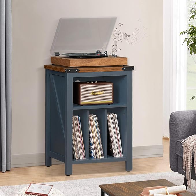 Record Player Stand with Vinyl Record Storage Holds up to 160 Albums,Large Wood Record Player Table Dispaly Shelf，Blue Turntable Stand Cabinet for Living Room,Bedroom,Office 9
