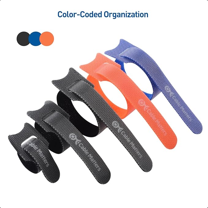 Cable Matters 100-Pack Hook-and-Loop Reusable Cable Ties, Sizes 4", 6", 8" with 42 lbs Tensile Strength - Multi-Color Cable Straps, Cord Organizers, Cord Management Ties