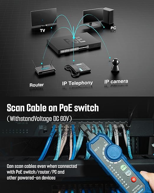 TESMEN TLP-900AR Network Cable Tester, Multi-Function Cable Tracer with Pairing, Continuity, QC&NCV, RJ11 RJ45, for CAT5/6/POE/STP, Suitable for Ethernet, Telephone, Wire Maintenance and Sorting-Blue