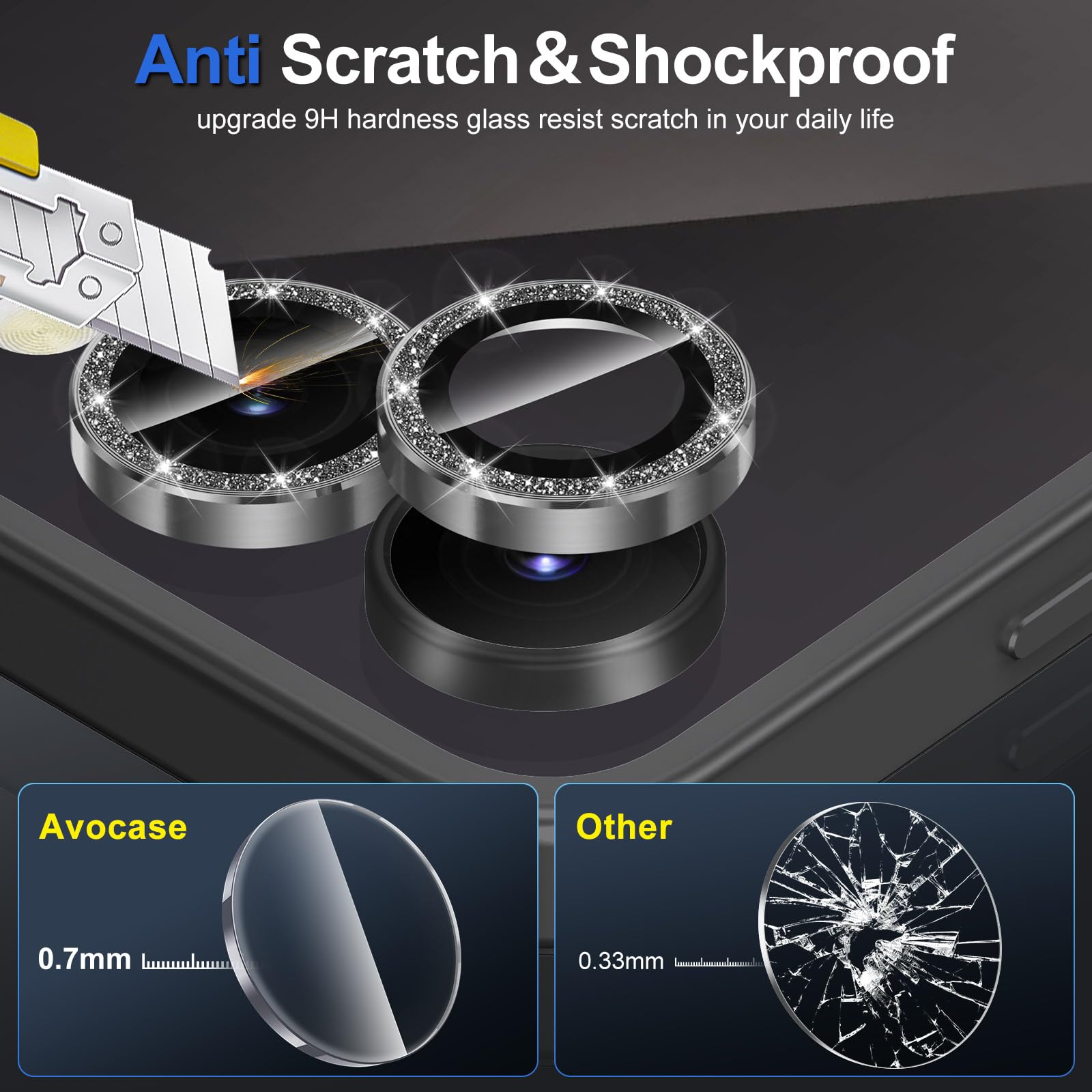 Avocase for Samsung Galaxy Z Flip 7 Camera Lens Protector, Individual Metal Ring Tempered Glass Lens Cover, [Strong Adsorption] Scratch Resistant Ultra-Thin HD Clear Lens Cover, 1 Set-Black Sparkly