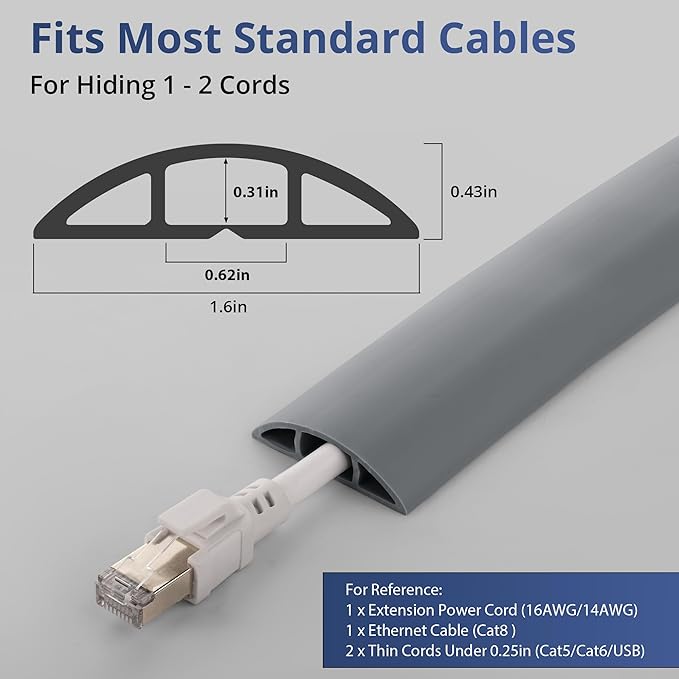 ZhiYo 10ft Cord Covers for Wires on Floor, Cord Hider Floor Hide Extension Cords, Soft PVC Cable Cover Cable Protector, Cable Cavity W0.62in H0.31in, Gray