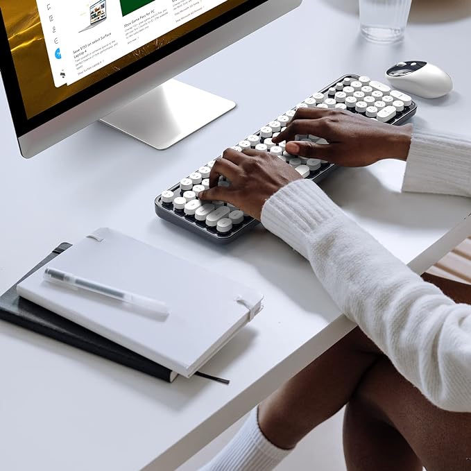 KNOWSQT Wireless Keyboard and Mouse Combo - White-DarkBlue Full-Sized 2.4 GHz 104 Keys Typewriter Keyboard, Flexible Round Keycap and Optical Mouse for Windows, Computer, PC, Laptop, Desktop