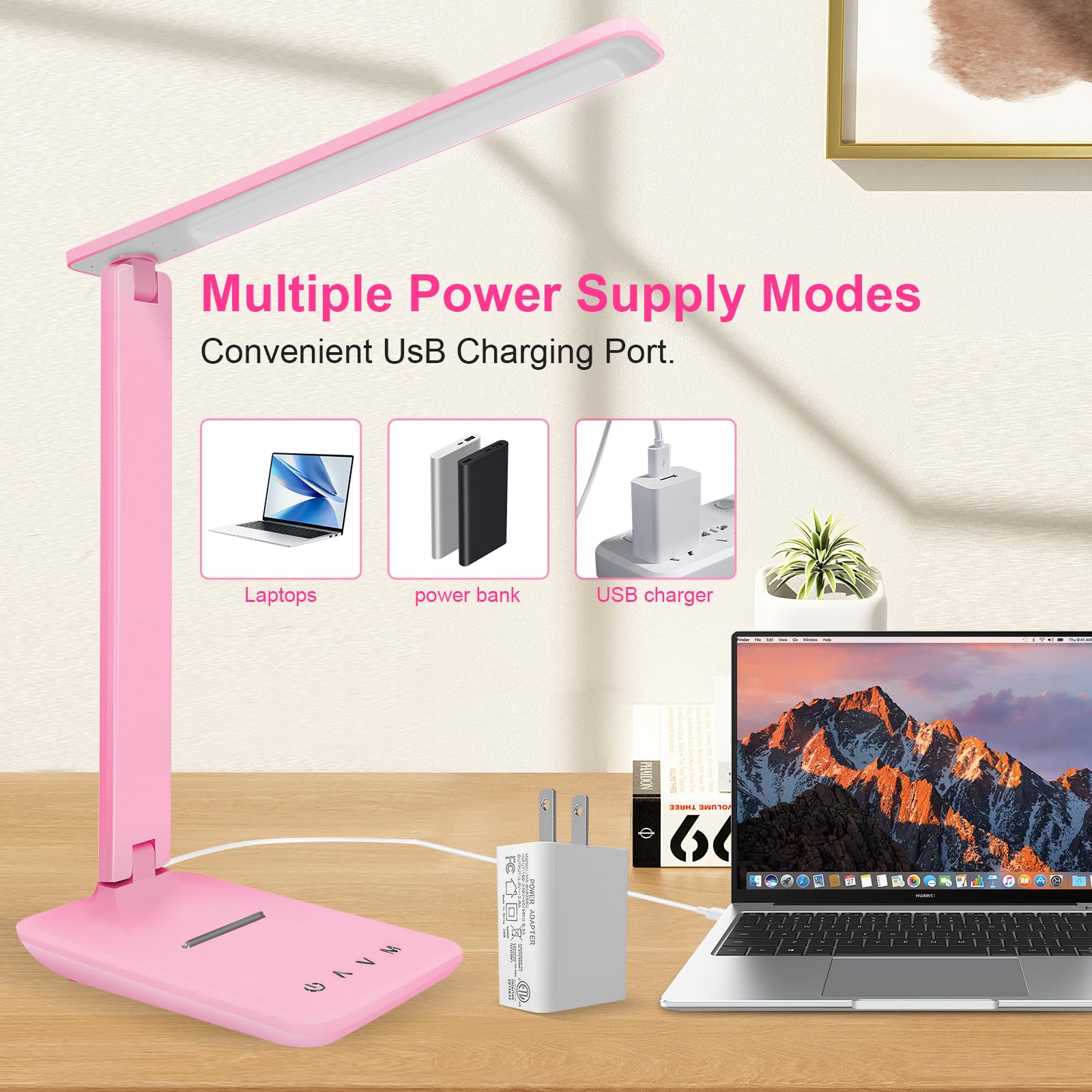 shinelife LED Desk Lamp for Office Home, Bright Desk Light with USB Charging Port, Adjustable Dimmable Desk Lamps 5 Modes 5 Brightness, Touch Study Lamp for Nail, Craft, Puzzle, Sewing, Study, Pink