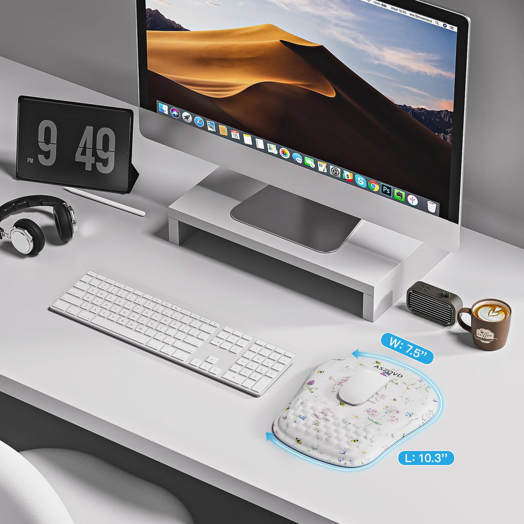 Aszqvd Mouse Pad with Wrist Rest, Ergonomic Mousepads with Wrist Support, Soft Lycra Fabric Memory Foam Office Desk Accessories for Comfort/Pain Relief/PC Gaming/Computer/Laptop (White Wild Plant)
