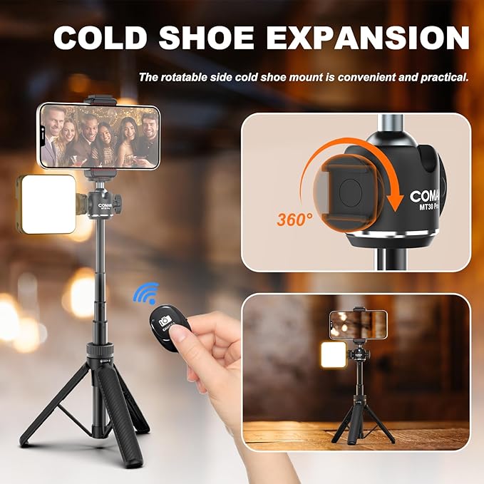 COMAN MT30-Pro Extendable Phone Tripod, 61cm Cell Phone Tripod Stand for iPhone with 360° Ball Head, Selfie Stick Vlog Stand with Remote, Tripod for iPhone 16/15/14/13/12 Pro Max/Android, Black