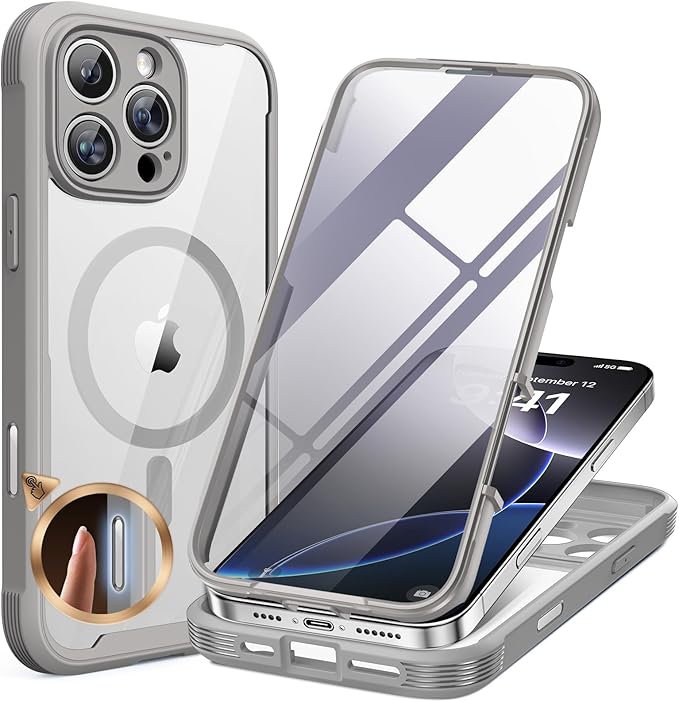 Miracase for iPhone 16 Pro Case Full-Body Phone with Built-in Glass Screen Protector, [Compatible with MagSafe] Military Drop Proof 16 Pro Cover Bumper 6.3 inch, Grey