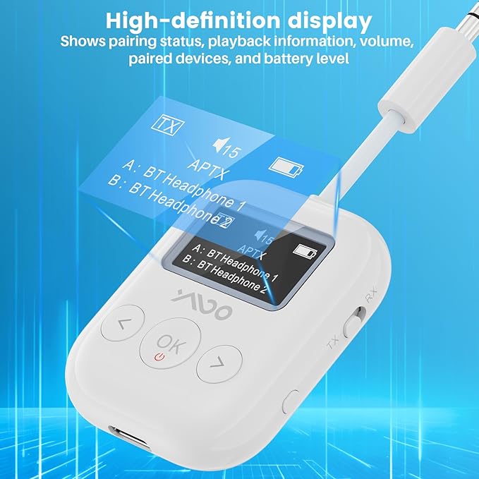 YMOO Bluetooth 5.4 Transmitter Receiver for Airplane, Wireless Bluetooth Adapter Travel Essentials, Supports to 2 Headphones, 25H Playtime, 2-in-1 Adapter with LED Display for TVs Gym Car Home,White