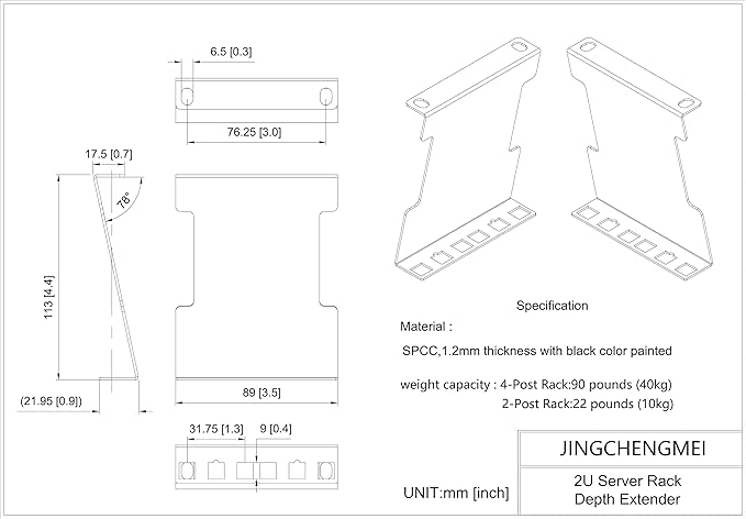 Jingchengmei 2U Server Rack Depth Extender - 4-Inch Deep -Recessed Rack Mount Adapter Kit for Network Rack (2UEXB)…