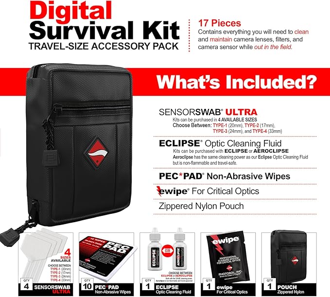 Photographic Solutions Digital Survival Kit - Type-3 (24mm) Sensor Swabs, PEC-PAD Photo Wipes, E-Wipe Packet, Eclipse Optic Cleaning Fluid - Camera Cleaning Kit with Travel Bag