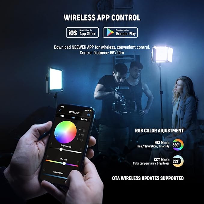 NEEWER RGB1200 RGB LED Video Light Panel with APP/2.4G Control, 60W Studio Photography Lighting 22000Lux@0.5m/1% Precise Min Dimming/360° Full Color/ CRI97+/TLCI98+/2500K-8500K/18 Effect with Barndoor