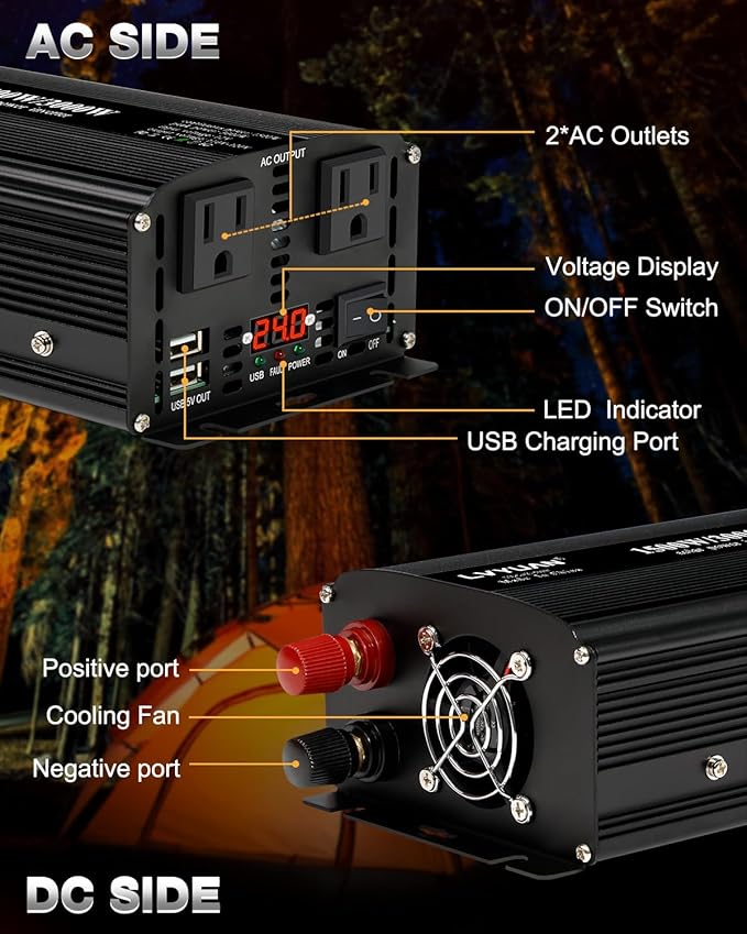 LVYUAN 1500W Power Inverter 24V to 110V DC to AC with 2 US Sockets, LED Display, USB Ports for Home, Truck, Outdoor, Camping