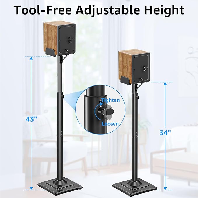 MOUNTUP Universal Speakers Stands Pair 34" to 43.3" Height Adjustable Holds Bookshelf Speakers Satellite Speakers Up to 11LBS Cable Concealing 1 Pair Spring-Loaded Plate Extends to 10" MU9138 Black