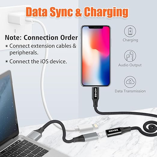 AGVEE 2 Pack 1ft Lightning Extension Cable, Braided Female to Male Extender Full Function Cord Compatible with iPhone iPad, Data Sync Video Audio & Charging Connector Adapter, Black