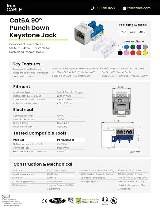 trueCABLE Cat6A Keystone Jack, Unshielded (UTP), 90 Degree Punch-Down, PoE++ (4PPoE), UL Listed, ETL Verified, ANSI/TIA Certified, Modular RJ45 Female, Purple, 12 Pack