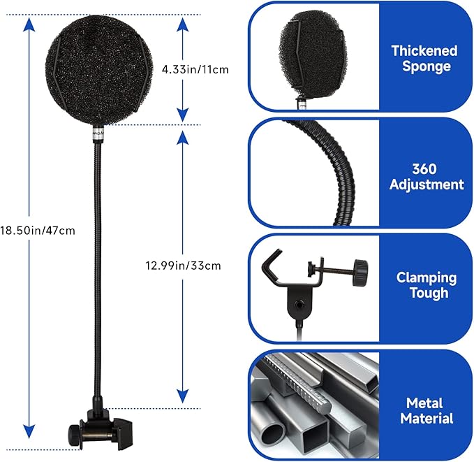 Pop Filter for Microphone - Sponge Layered Pop Wind Screen with Enhanced Flexible 360° Gooseneck