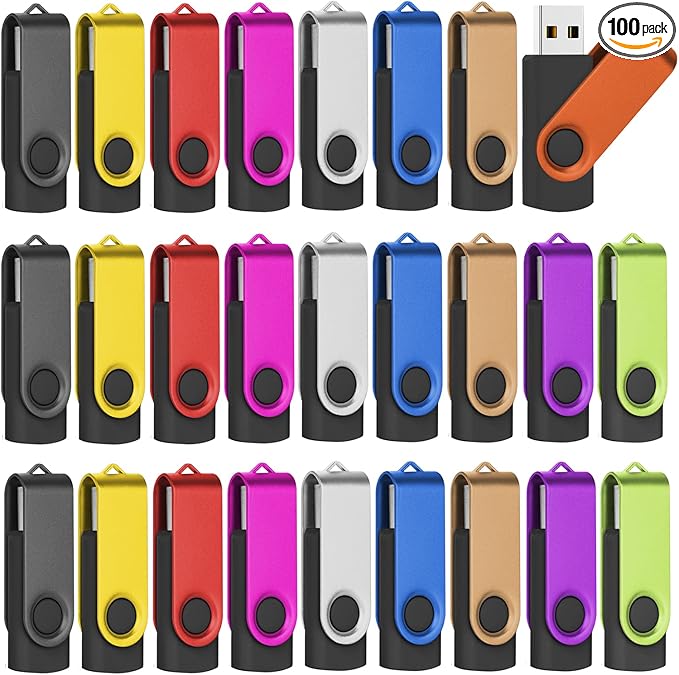 EASTBULL Flash Drive Bulk 1GB USB 100 Pack with Lanyards USB 2.0 Thumb Drive Bulk Memory Stick Swivel Pen Drive for Storage and Backup(1GB 100Pack, Mixed Color)