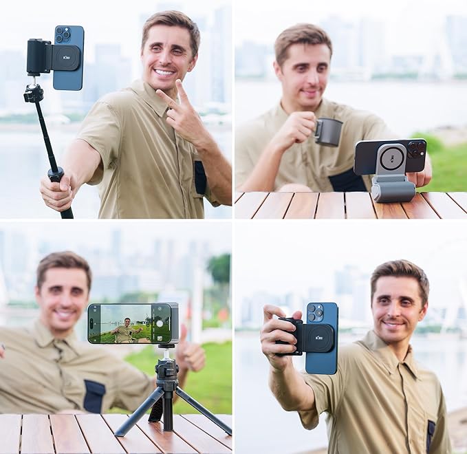 KIWIFOTOS Magnetic Phone Camera Grip for Magsafe Phone Tripod Handle with Bluetooth Remote & Tripod Mount Adapter for iPhone 16 Pro Max Samsung Smartphone Vlog Video Shooting (Black)