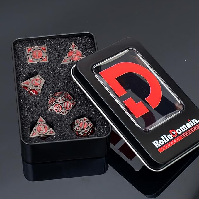 Red Black Nickel Finish Heavy Metal DND Dice Set (Barbarian) with A Metal Box, Sharp Edge Zinc Alloy D&D Accessories, D4-D20, Designed for Dungeons & Dragons Master, RPG Player, Starter