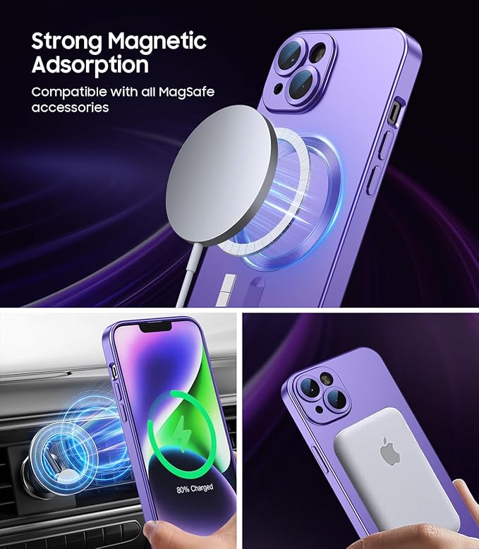 Magnetic for iPhone 15 Case [Compatible with MagSafe][Built-in Camera Lens Protector] Slim Soft Silicone Bumper Shockproof Metallic Shine Phone Case (Purple)