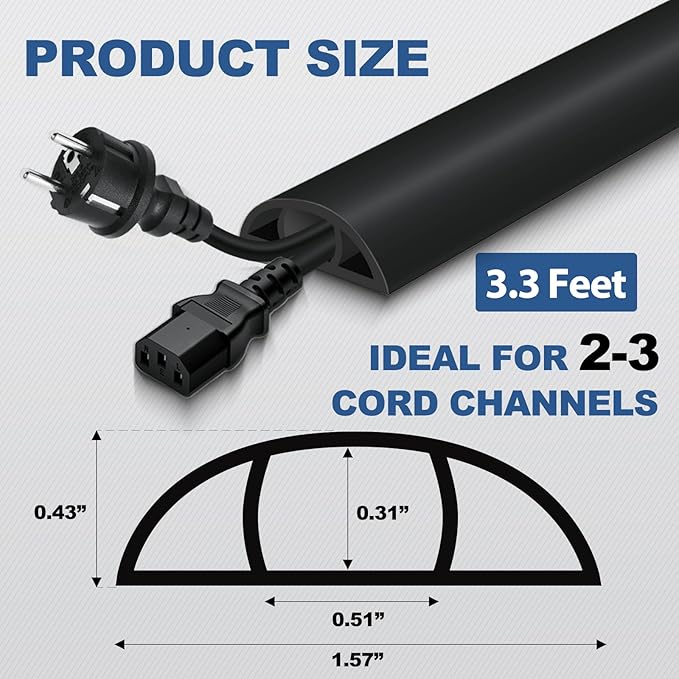 Floor Cord Cover for Wires on Floor Self Adhesive Cord Hider Floor Cable Management Wire Covers for Cords Protector Prevent Cable Trips Cord Cavity W 0.51" x H 0.31", Black, 3.3Ft