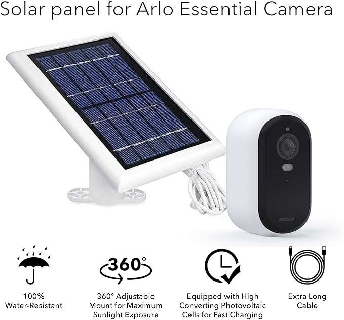 Wasserstein Solar Panel Compatible with Arlo Essential 2K Outdoor Security Camera (2nd Gen) / XL (2nd Gen) & Essential Spotlight (Camera NOT Included) - (3-Pack, White)