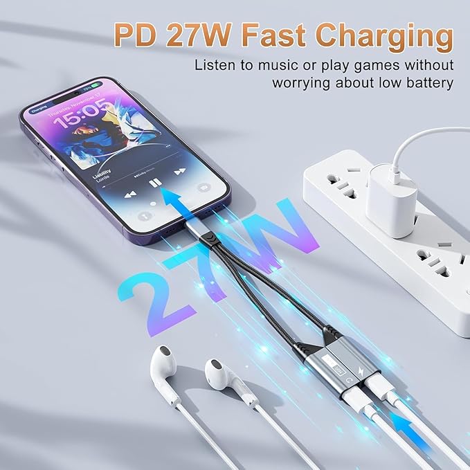 Magnetic Lightning to Dual Lightning AUX Adapter, [Apple MFi Certified] 2 in 1 iPhone Audio and Charger Splitter, Dongle Compatible with iPhone 14/13/12/11/XS/XR/7/8 and iPad,SupportsCharging & Audio