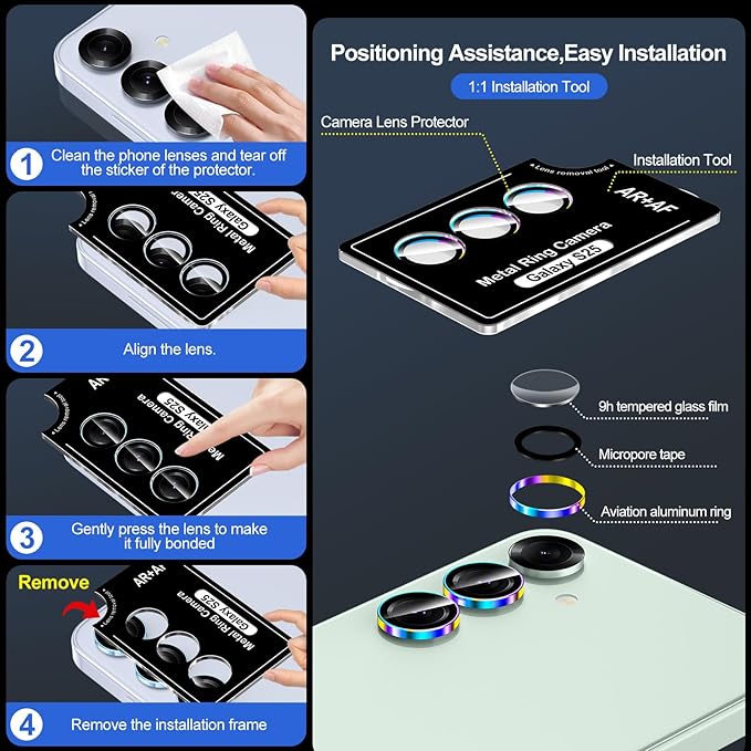for Samsung Galaxy S25 Camera Lens Protector, Individual Metal Ring Tempered Glass Lens Cover, [Strong Adsorption] Scratch Resistant Ultra-Thin HD Clear Lens Cover, 1 Set-Colorful Ring