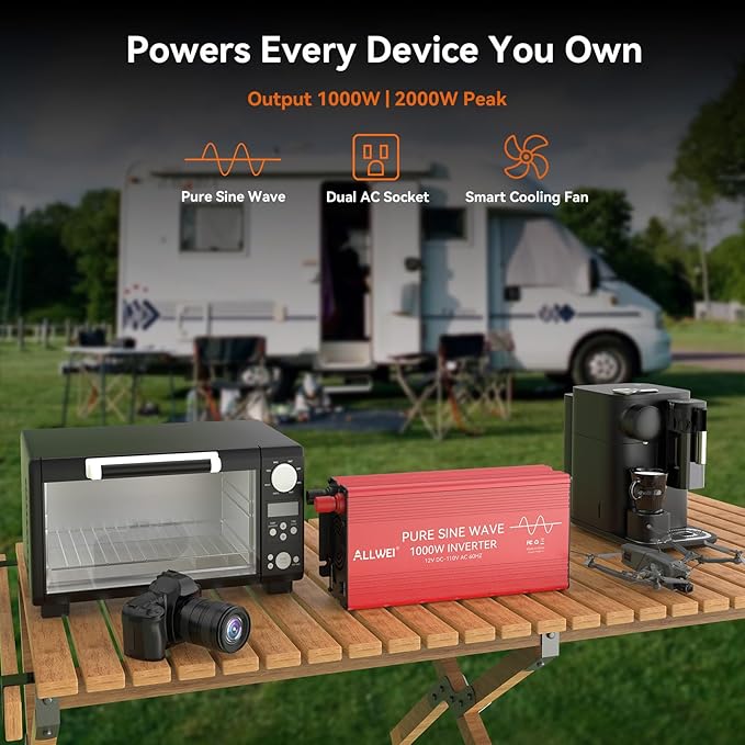 ALLWEI Pure Sine Wave Inverter - 1000 Watt Inverters 12V DC to 110V/120V AC Converter for Home, RV, Truck, Off-Grid Solar, Car Power Inverter with 2 Sockets, Power Inverters for Vehicles, 2000W Peak