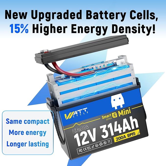 12V 314Ah Lithium LiFePO4 Battery Mini with Bluetooth 5.0 BMS 200A, 4.01kWh Energy, Upgraded Aluminum Cooling Fins & Braided Copper Wires, upporting devices over 2000W (2 PCAK)