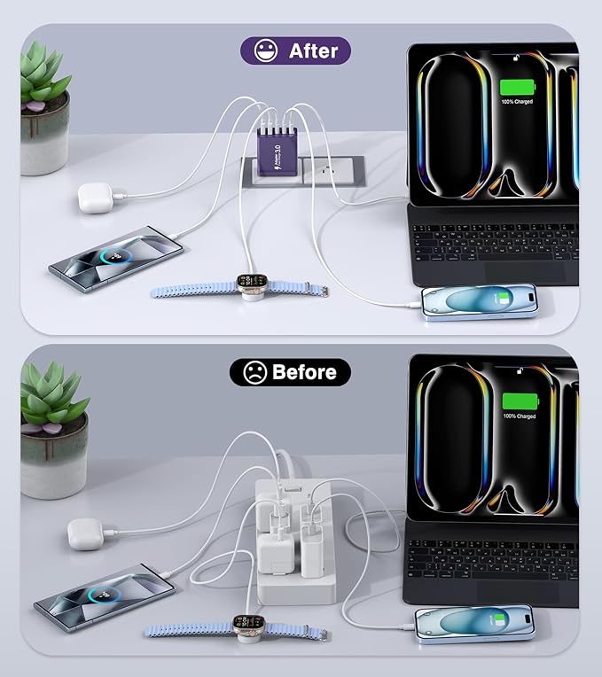 [2Pack] 50W USB C Plug,5-Port Fast Charger Block PD+QC Cube Wall Charging Box Brick for iPhone 16/15/14/13 for Samsung Galaxy S24/S23/S22/S21+/S21 Ultra, Magsafe Wireless Charger,(Purple)
