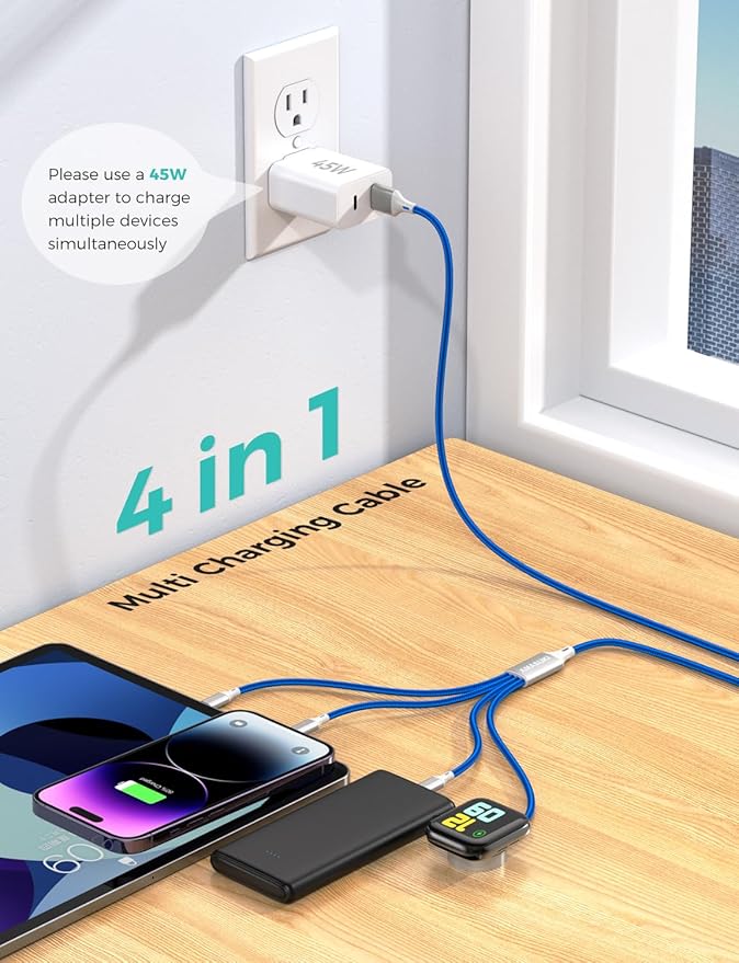 2Pack Travel Essentials Multi Charging Cable for Watch Charger 4 in 1 Fast Charger Camping Essentials USB C/L/Micro Compatible with Watch Series 10-1/SE/Ultra Phone 16 15/Galaxy Android-4FT/Blue