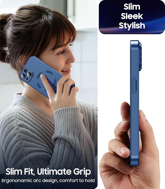 Magnetic for iPhone 13 Case [Compatible with MagSafe][Built-in Camera Lens Protector] Slim Soft Silicone Bumper Shockproof Metallic Luster Phone Case (Blue)