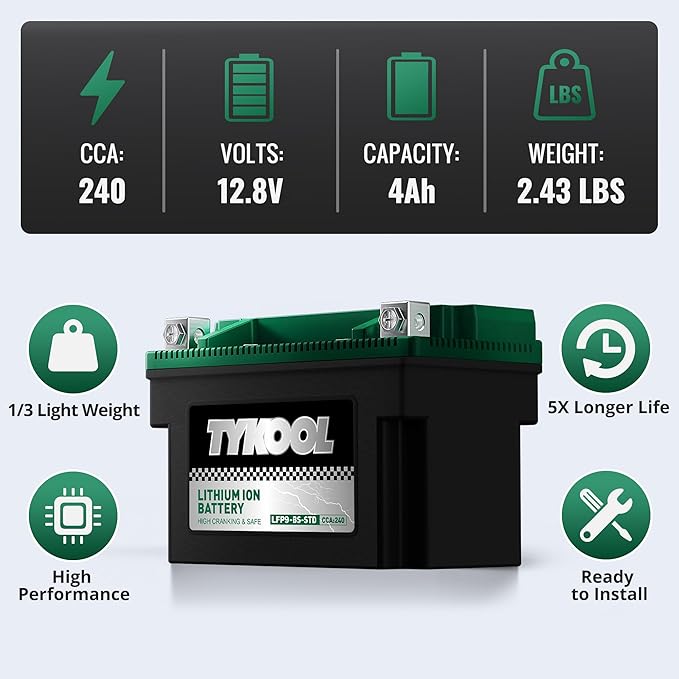 TYKOOL YTX9-BS -STD 240CCA Lithium LiFePO4 Motorcycle Battery,2X Cranking Amps,5X longer life,Powersports battery,for Scooter,ATV,UTV (Polaris 150cc),BMW (310cc,650cc,1000cc),Honda,Kawasaki