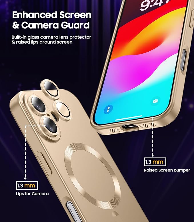Magnetic for iPhone 16 Plus Case [Compatible with MagSafe][Built-in Camera Lens Protector] Slim Soft Silicone Bumper Shockproof Metallic Luster Phone Case (Gold)