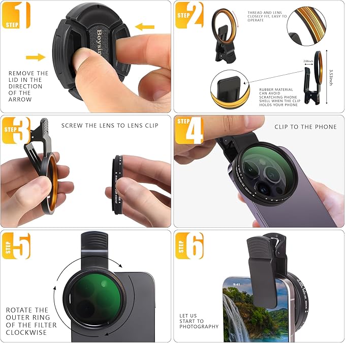 52MM Clip-on Variable ND2-32(1-5 Stops) Phone Lens Filter Kit, Ultra Slim Multi-Coated Adjustable Neutral Density Filter, Compatible for iPhone 16 15 14 13, Google Pixel and Other Smart Phones