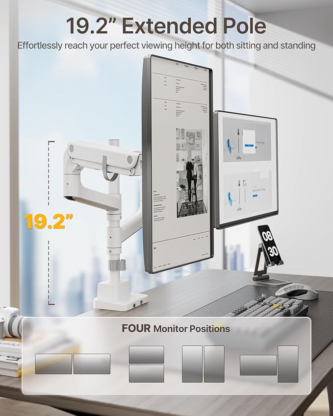 monTEK 17-57 Inch Dual Ultrawide Monitor Arm for Up to 59.4lbs Screen, Aluminum Heavy-Duty Gas Spring Vertical Stackable Curved Screen Adjustable Monitor Stand,75/100mm Vesa Mount, White