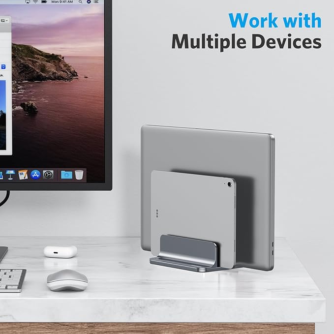OMOTON [Updated Dock Version] Vertical Laptop Stand, Double Desktop Stand Holder with Adjustable Dock (Up to 17.3 inch), Fits All MacBok/Surface/Samsung/HP/Dell/Chrome Book (Grey)
