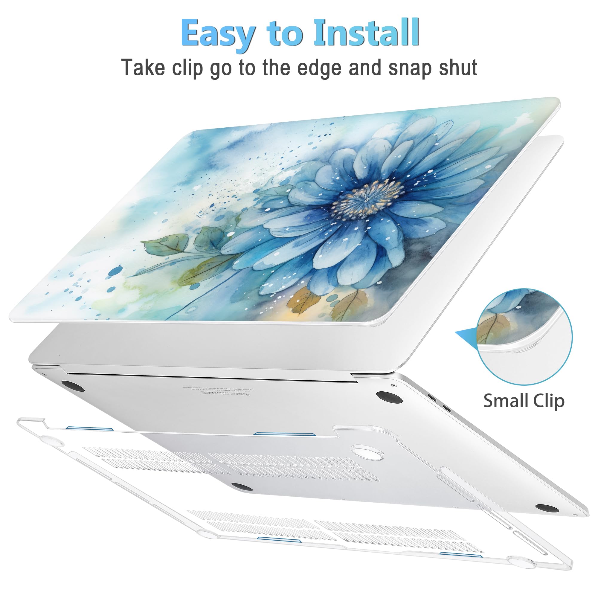 Mektron for MacBook Pro 13-inch Case 2022 2021 2020 Release A2338 M2 M1 A2289 A2251, Printed Plastic Hard Shell Cover for MacBook Pro 13.3-inch Touch Bar Fits Touch ID, Watercolor Blue Flower