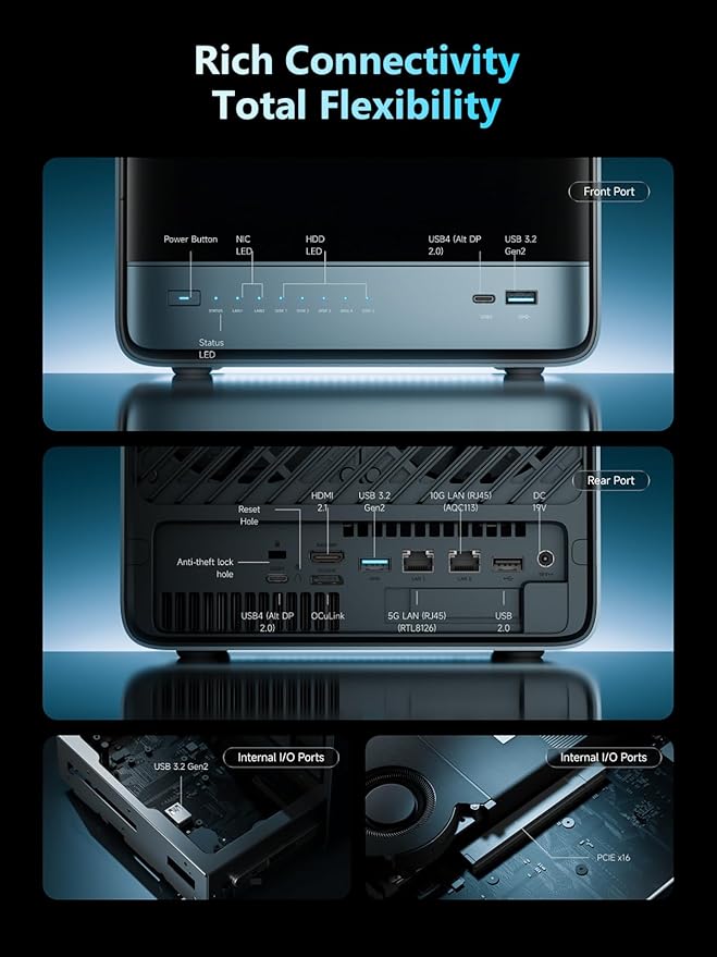MINISFORUM N5 Pro 5-Bay Desktop AI NAS, AMD Ryzen AI 9 HX PRO 370(12C/24T) CPU, 96GB DDR5 ECC RAM, 128G SSD, 1x10GbE, 1x5GbE, 2xUSB4, 8K HDMI, OCuLink, M.2/U.2 Slot, Network Attached Storage(Diskless)