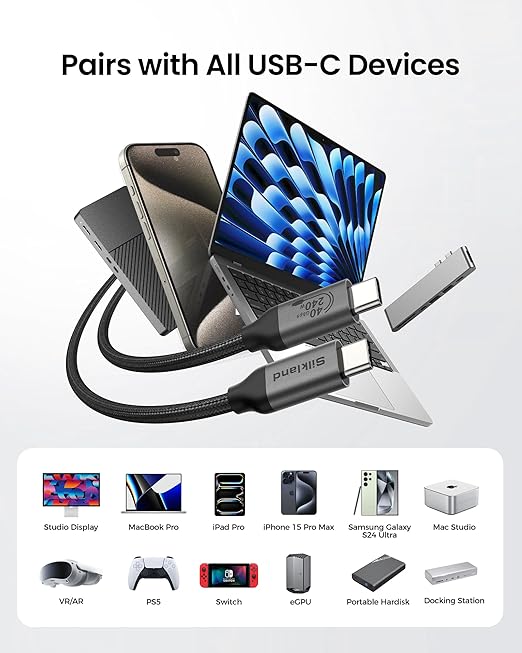 Silkland USB 4 Cable for Thunderbolt 4 Cable 3.3FT, 40Gbps Data Sync, 8K/5K USB C Monitor [USB-IF Certified] Netbraid-48 240W USB C Thunderbolt, Compatible for SSD, MacBook, iPad,Docking
